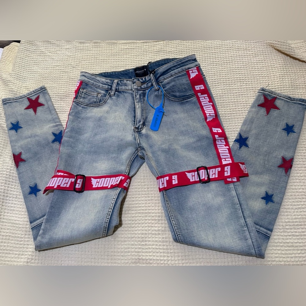 Slim Light-Blue Jeans with Red Strap & Star Accents